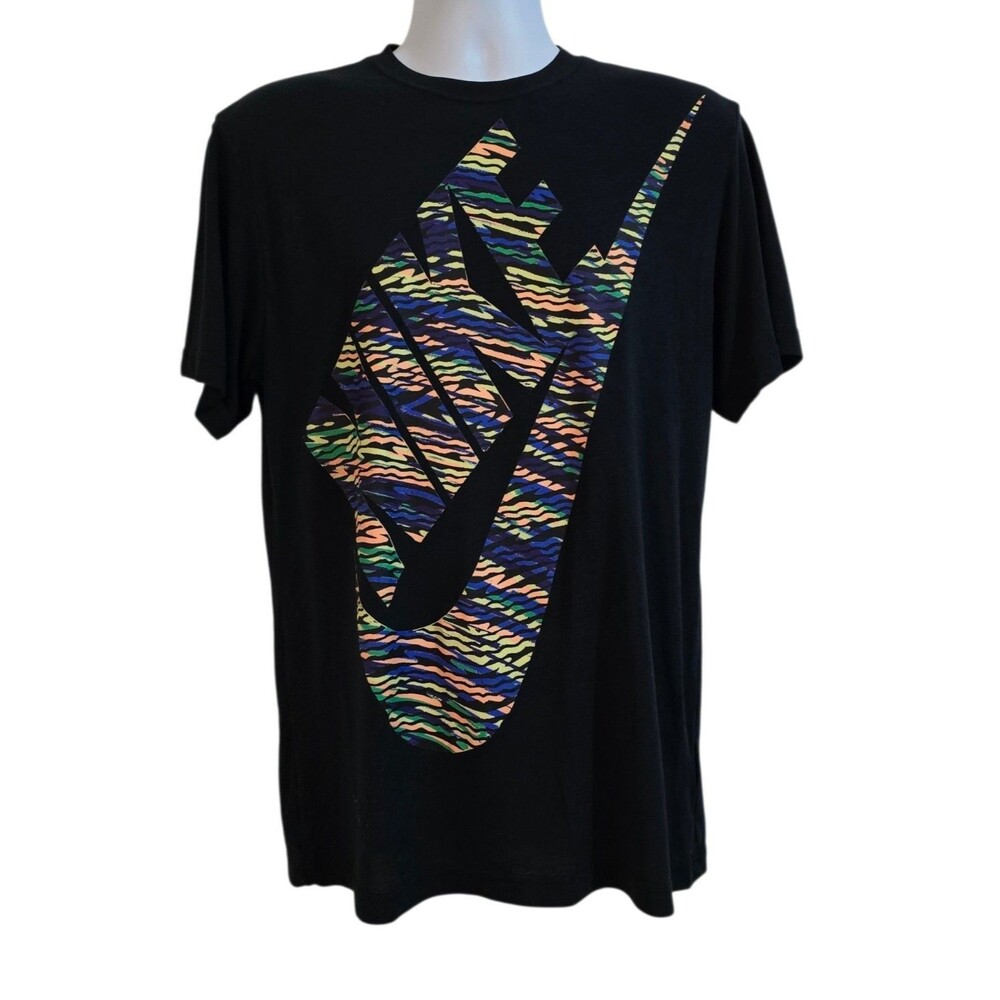 Nike Graphic T Shirt Mens Size Large Black Multicolor Big Swoosh Spell Out